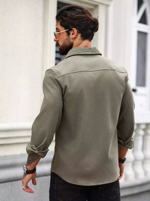 Men Spring And Summer Solid Color Loose Casual Long-Sleeved Shirt Army Green Color